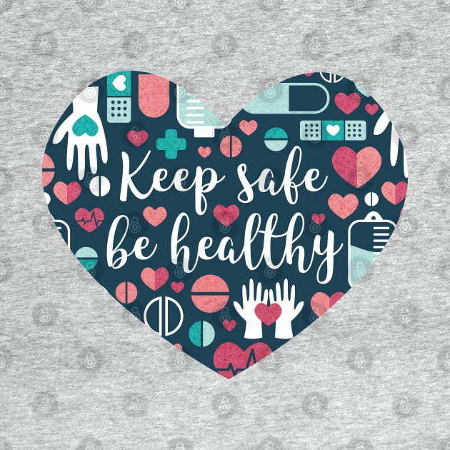 Keep safe be healthy // heart print // navy blue background aqua mint red white and coral medicine elements by SelmaCardoso